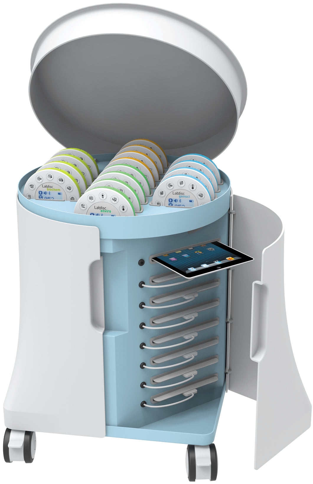 LABDISC CHARGING CART WITH 4 GENSCI, 4 BIOCHEM, 4 PHYSIO, AND 4 ENVIRO LABDISCS